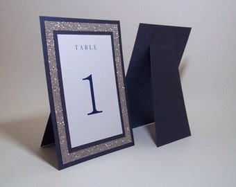 Navy and Silver Table Numbers - Navy Blue Shimmer, Silver Glitter and WhiteTable Numbers - 5"x7" Free-standing - Wedding, Party