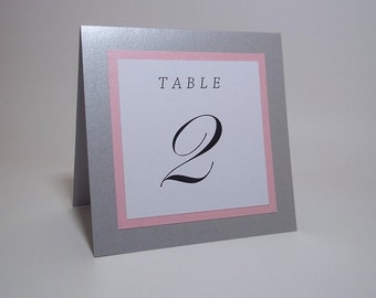 Shimmer Silver, Pink and White Tent Table Number Cards - 5x5 size - Wedding, Dinner, Party