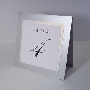 Silver, White Shimmer and  White Tent Wedding Table Number Cards - 5x5 size, Silver shimmer table numbers