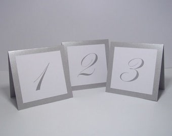 Silver and White Table Numbers, Shimmer Silver Tent Wedding Table Number Cards - 4 x 4 size