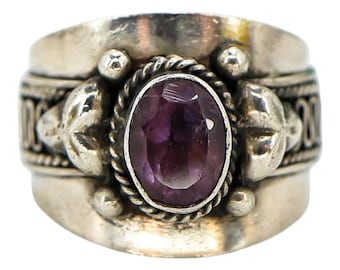 Anel de Prata de Lei com Ametista Natural - Design Artesanal em Espiral - Tamanho 6,5 - Dedo Mínimo