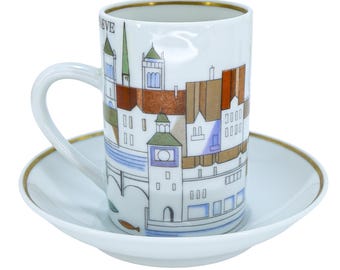 Vintage Demitasse Espresso Cup & Saucer Suisse Langenthal Rare Cityscape Switzerland Swiss Geneve