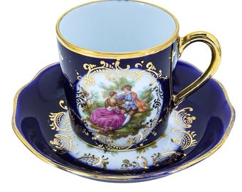 Vintage Limoges France Cobalt Blue Demitasse Cup & Saucer Courting Scene