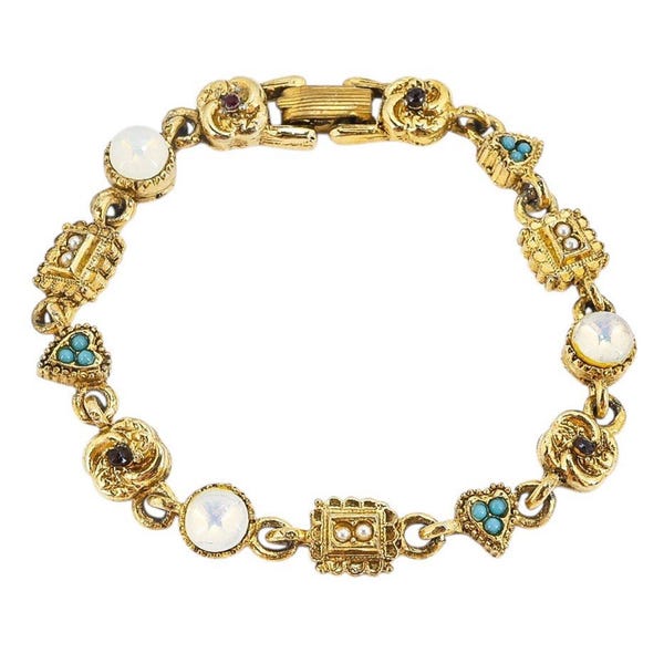 Vintage Signed ART Charm Bracelet Ornate Victorian Revival GoldTone 7.3”