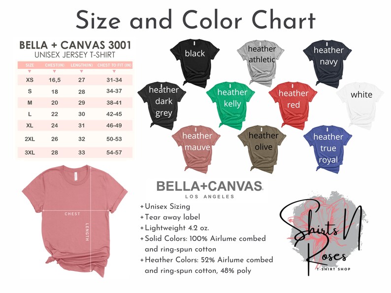 May include: Size and color chart for Bella + Canvas 3001 unisex jersey t-shirts. The chart shows sizes XS to 3XL with corresponding chest, length, and chest-to-fit measurements in inches.  The color chart shows 11 different colors, including black, heather athletic, heather navy, heather dark grey, heather kelly, heather red, white, heather mauve, heather olive, heather true royal, and a blank t-shirt in a light pink color.
