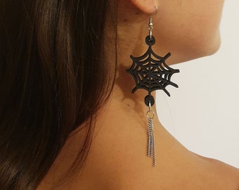 Pendientes de telaraña, accesorios de Halloween, pendientes negros colgantes, joyas de madera