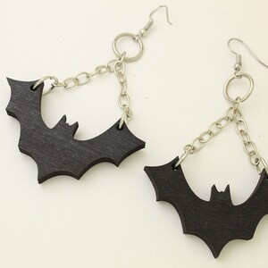 Bat Earrings Halloween Jewelry , Drop Earrings , Wooden Black Earrings , Halloween costume , Spooky Outfit image 2