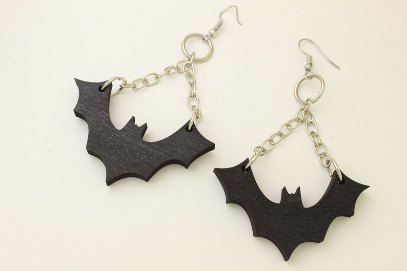 Bat Earrings Halloween Jewelry , Drop Earrings , Wooden Black Earrings , Halloween costume , Spooky Outfit image 2