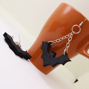 Bat Earrings Halloween Jewelry , Drop Earrings , Wooden Black Earrings , Halloween costume , Spooky Outfit image 3