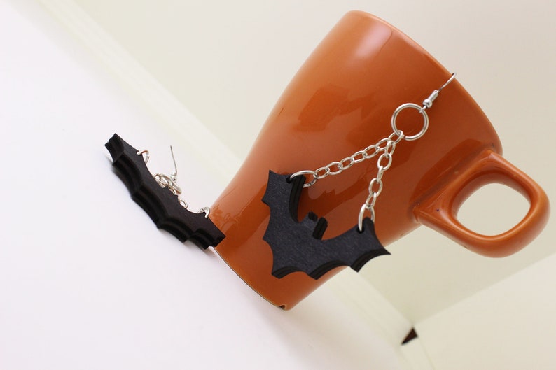 Bat Earrings Halloween Jewelry , Drop Earrings , Wooden Black Earrings , Halloween costume , Spooky Outfit image 3