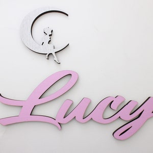 Cartel de nombre personalizado con Moon Girl y estrellas para niños Decoración de la habitación / Decoración de la caja de juguetes de la niña o fiesta de cumpleaños de hadas, letrero de puerta con nombre de madera imagen 5