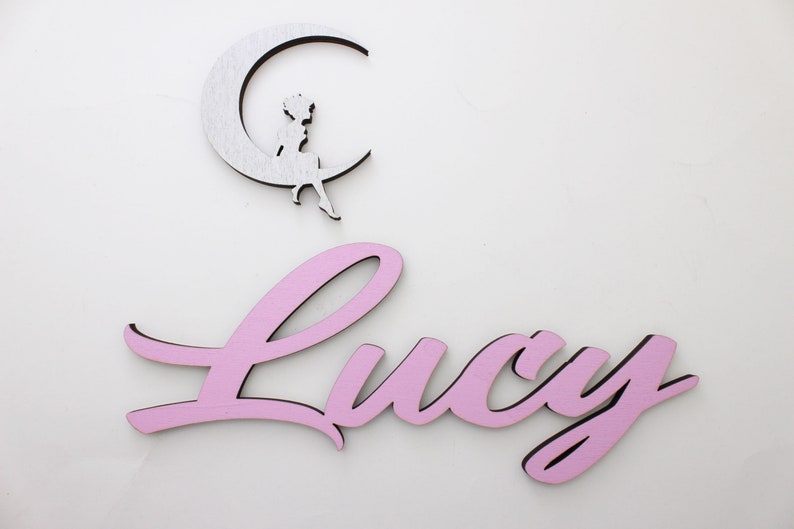 Cartel de nombre personalizado con Moon Girl y estrellas para niños Decoración de la habitación / Decoración de la caja de juguetes de la niña o fiesta de cumpleaños de hadas, letrero de puerta con nombre de madera imagen 5