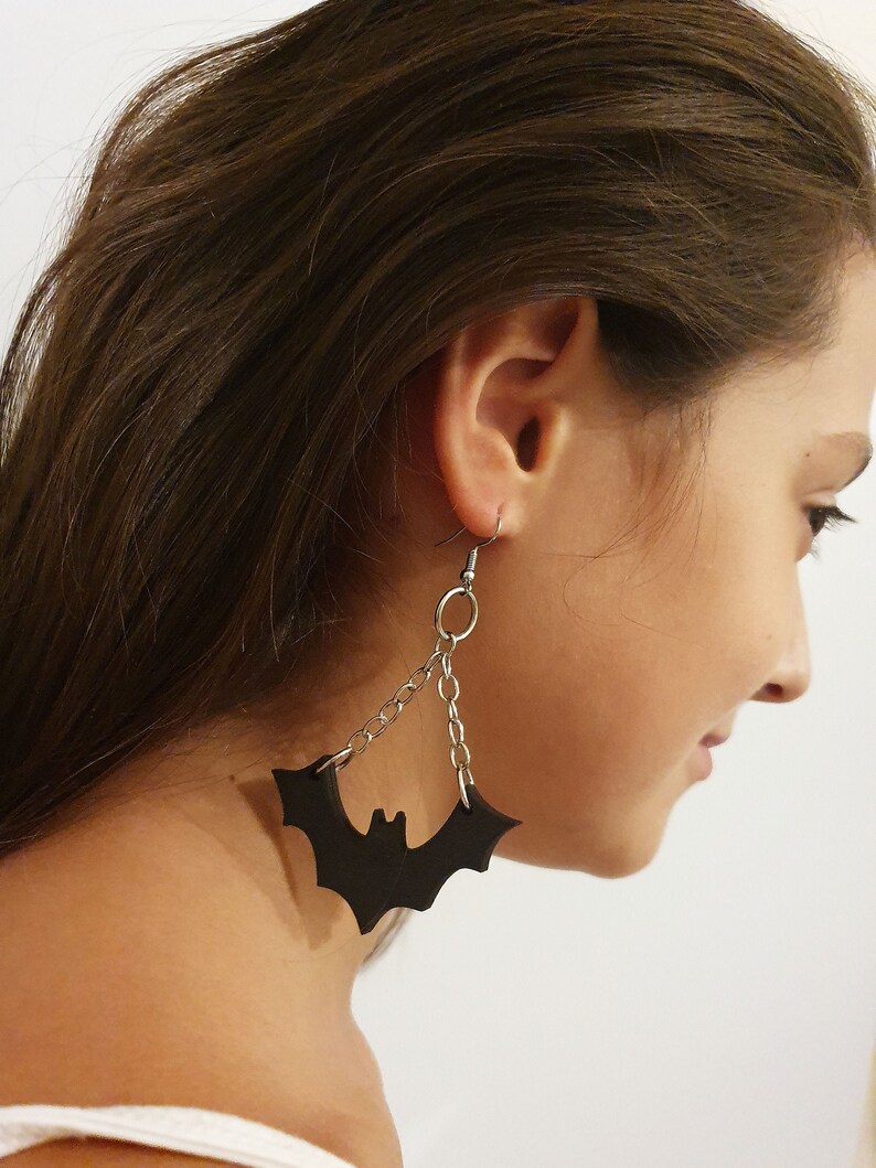 Bat Earrings Halloween Jewelry , Drop Earrings , Wooden Black Earrings , Halloween costume , Spooky Outfit image 1