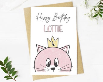 Cute Cat Birthday Card | Girls Birthday card  | Personalised