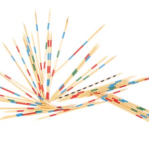 May include: A set of wooden sticks with colored stripes, used for the game of pick-up sticks.