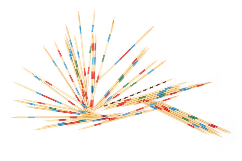 May include: A set of wooden sticks with colored stripes, used for the game of pick-up sticks.