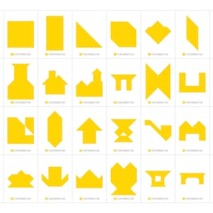 K&ouml;nnte beinhalten: Ein Satz von 14 gelben Tangram-Puzzleteilen, jedes mit einer einzigartigen Form. Die Teile sind in einem Raster angeordnet, wobei jedes Teil mit einer Website-Adresse beschriftet ist. Der Text "KUBIYA GAMES TANGRAM PUZZLE" befindet sich oben im Bild.
