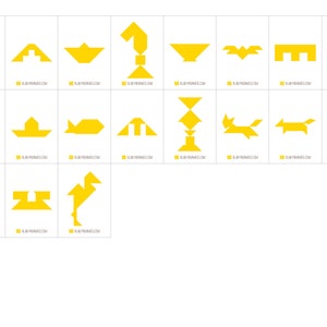 K&ouml;nnte beinhalten: Ein Set mit 14 gelben Tangram-Puzzles, die jeweils eine andere Form darstellen, darunter ein Haus, ein Boot, ein Fisch, ein Berg, eine Vase, eine Fledermaus, eine Br&uuml;cke, ein Wolf, ein Vogel, ein Turm, ein Tisch, ein Flamingo und ein Schloss. Die Puzzles bestehen alle aus den gleichen sieben Teilen, die auf verschiedene Weise angeordnet werden k&ouml;nnen, um verschiedene Formen zu erstellen.