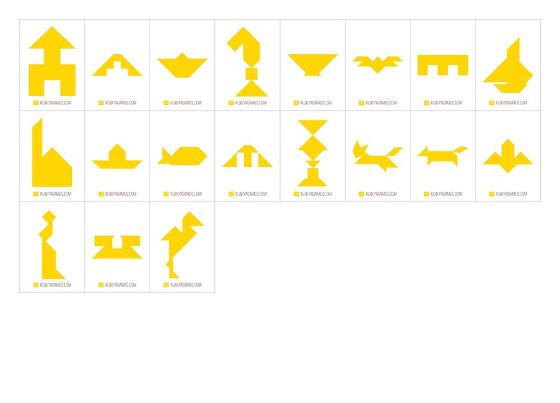 K&ouml;nnte beinhalten: Ein Set mit 14 gelben Tangram-Puzzles, die jeweils eine andere Form darstellen, darunter ein Haus, ein Boot, ein Fisch, ein Berg, eine Vase, eine Fledermaus, eine Br&uuml;cke, ein Wolf, ein Vogel, ein Turm, ein Tisch, ein Flamingo und ein Schloss. Die Puzzles bestehen alle aus den gleichen sieben Teilen, die auf verschiedene Weise angeordnet werden k&ouml;nnen, um verschiedene Formen zu erstellen.