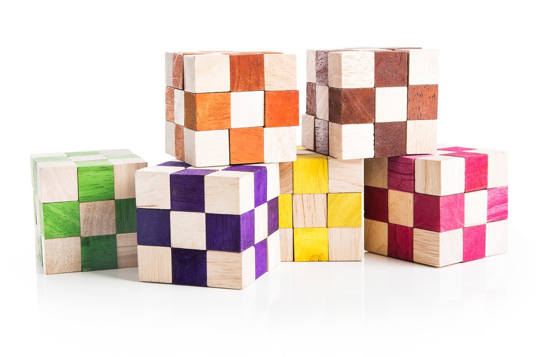 Rubik's Snake Cube Set of 6 Wooden Brain Teaser Puzzle, Wood Puzzles