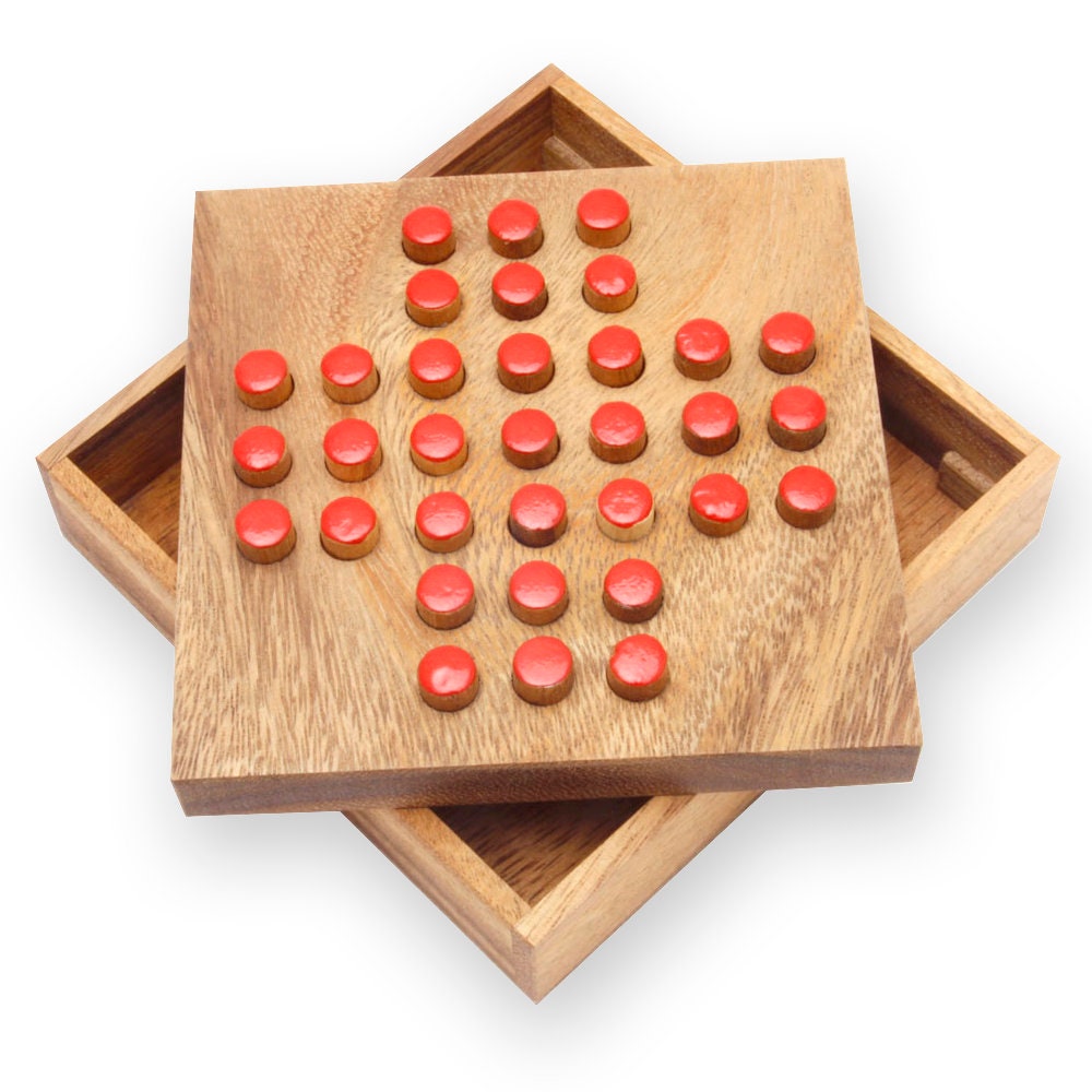 Solitaire Board Game, Jumping Marbles Peg Solitaire, with 33 Wooden Marbles,  Built-in Storage Function, Puzzle Card Board Game for Adults and Children 