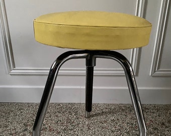 Tabouret d'atelier à vis skaï jaune vintage