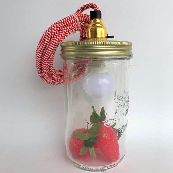 French Lit Jar - Strawberries - table lamp - portable - To personalize