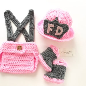 Crochet pink baby girl fire fighter set / photo prop / fireman set / diaper cover