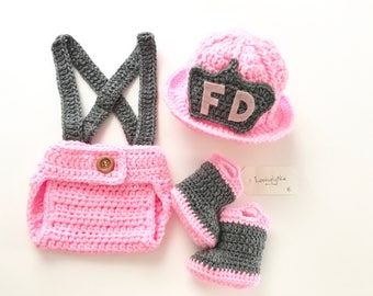 Crochet pink baby girl fire fighter set / photo prop / fireman set / diaper cover