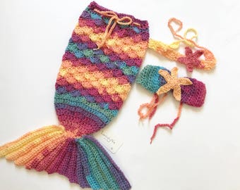 かぎ針編みの人魚の尾の繭セット、人魚の尾、ベビーマーメイド、ベビーギフト、かぎ針編みの人魚の尾
