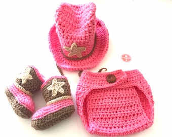 Set gehaakte cowboyhoed en laarzen voor babymeisje / cowgirlhoed / cowgirllaarzen / photoprop