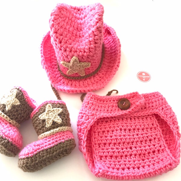 Cowboy Hut und Stiefel Set für Baby Mädchen / gehäkelte Mütze und Stiefel