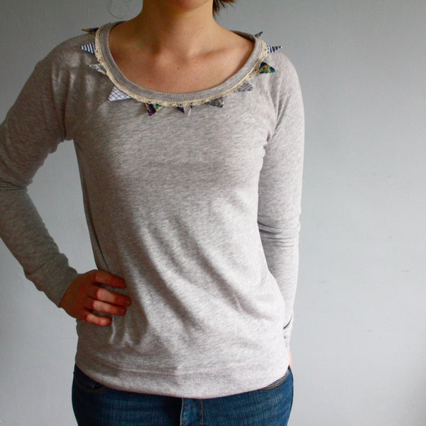 Grey and Blue Bunting Sweater - Customised with handmade bunting and vintage lace