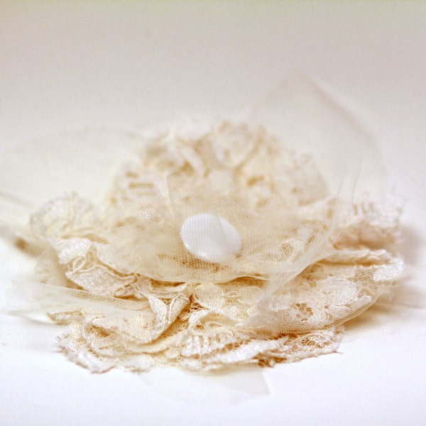 Vintage Style Off White Lace Headpiece/Brooch - Handmade, Upcycled materials, Wedding fascinator