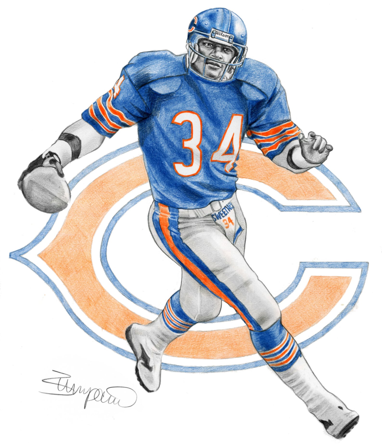Walter Payton Chicago Bears Football Pencil Drawing 11x14 Etsy