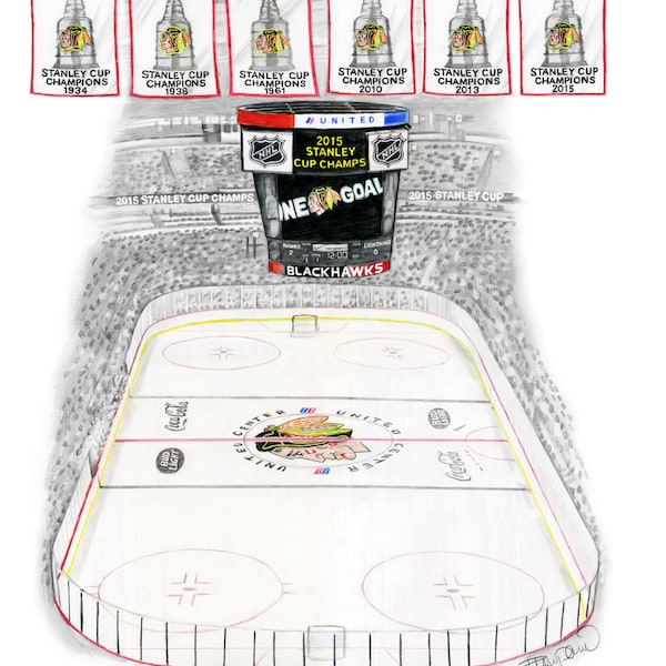 Chicago Blackhawks 2015 Stanley Cup United Center Pencil Drawing - 11x14"