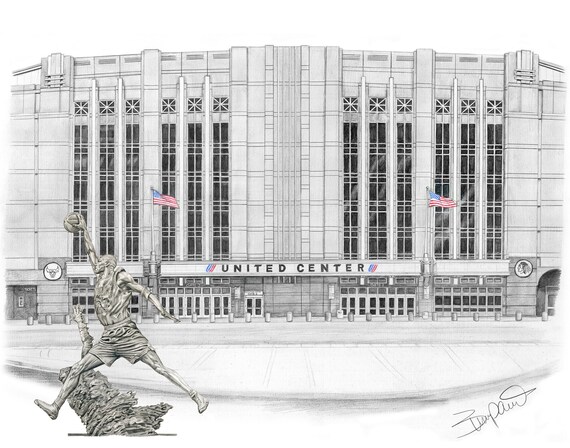 United Center Drawing with Michael Jordan statute 11x14