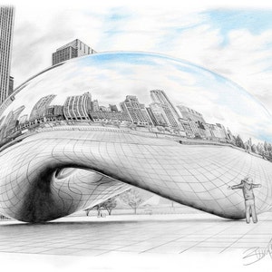 May include: A black and white pencil drawing of a large, reflective sculpture in the shape of a bean. The sculpture is reflecting the cityscape behind it. A person is standing in front of the sculpture with their arms outstretched.