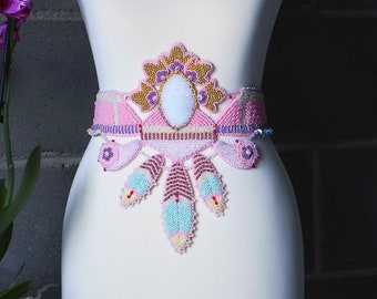 Pink beaded corset belt, extra large tribal waist belt, Colorful exotic dancewear, Beaded body jewelry