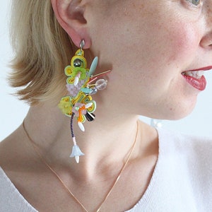 Beaded Soutache earrings, playful yellow earrings, floral beaded earrings, bead flower earrings, colorful funny earrings, Soutache Jewelry image 1