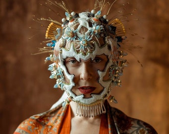 Full face mask, Apocalyptic costume accessories, Full head mask headdress, beaded wearable art sculpture, Dystopian fashion headwear