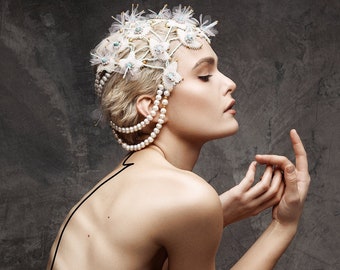 Floral hair crown headpiece with freshwater pearl