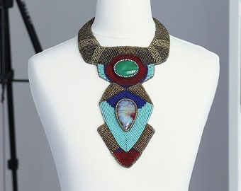 Bead Embroidery Mexican Bib Statement Collar Necklace With Two Large Colorful Gemstones