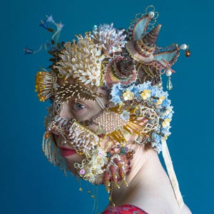 Avant-Garde Wearable Art Mask - Sculptural Art Object Haute Couture Facepiece, Handcrafted Beaded Mask for Art Collectors & Performers