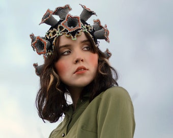 Haute couture fashion crochet headpiece