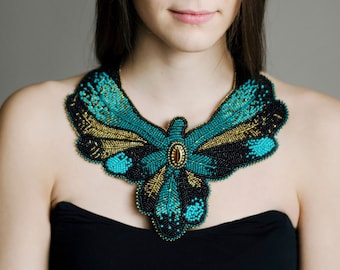 Large Collar Chunky Necklace Bird Shape, Adjustable Collar Size - Statement Necklace Made Of Glass Seed Bead