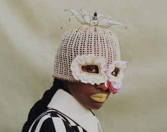 Crochet Balaclava Mask Wearable Art Headwear Headpiece Gold Lace Beaded Hat With Ruffle Eyes