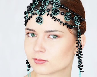 Black  Chain Flapper 1920s Headpiece With Green Seed Bead And Beaded Tassels Inspired By Great Gatsby Head Jewelry