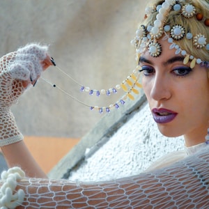 Boho Wedding Beaded Headpiece, Bridal Hair Jewelry, Art Deco Flapper Headdress Made Of White Agate Gemstone And Purple Drop Beads image 1