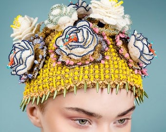Wearable art floral headdress crochet yellow hat decorated by beads